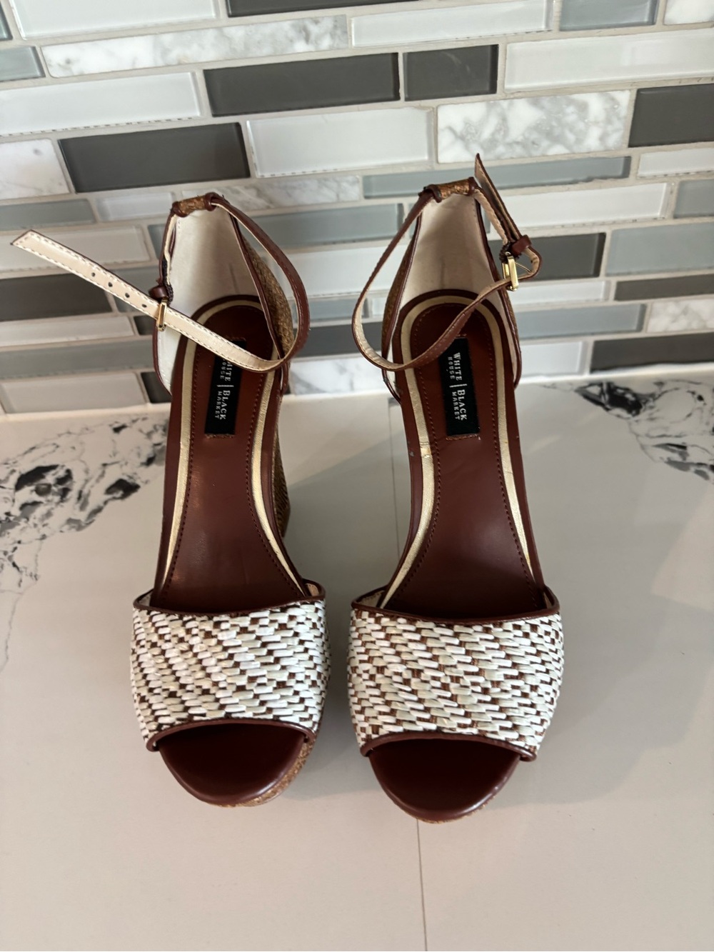 White House Black Market White and Brown Braided Ankle Strap Heels